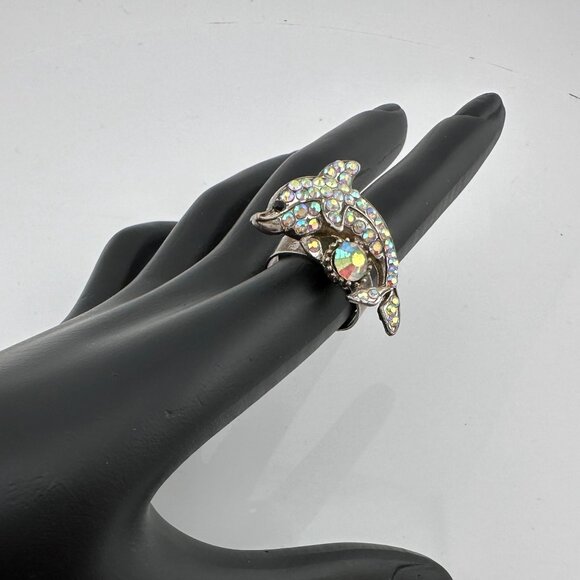 Vintage Costume Jewelry  Owl, Dolphin and Turtle Rhinestone Animal Rings - Picture 8 of 16